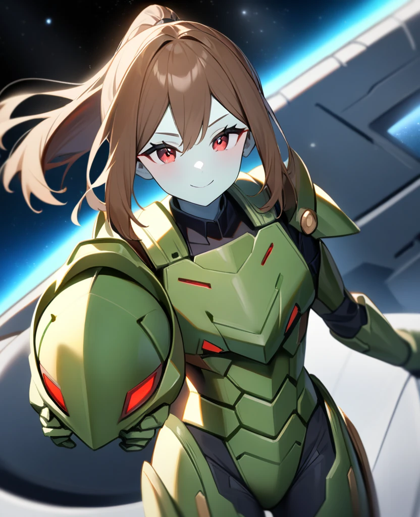 1girl, Makoto Kino,solo,red eyes,((BROWN hair:1.5)),green power armor,ponytail,((pale green skin)),green chest armor,cowboy shot,in space ship,zero gravity,Science fiction,ultra-detailed,sharp focus,aesthetic,(best quality) smiling, holding helmet, holding halberd, 19 years old