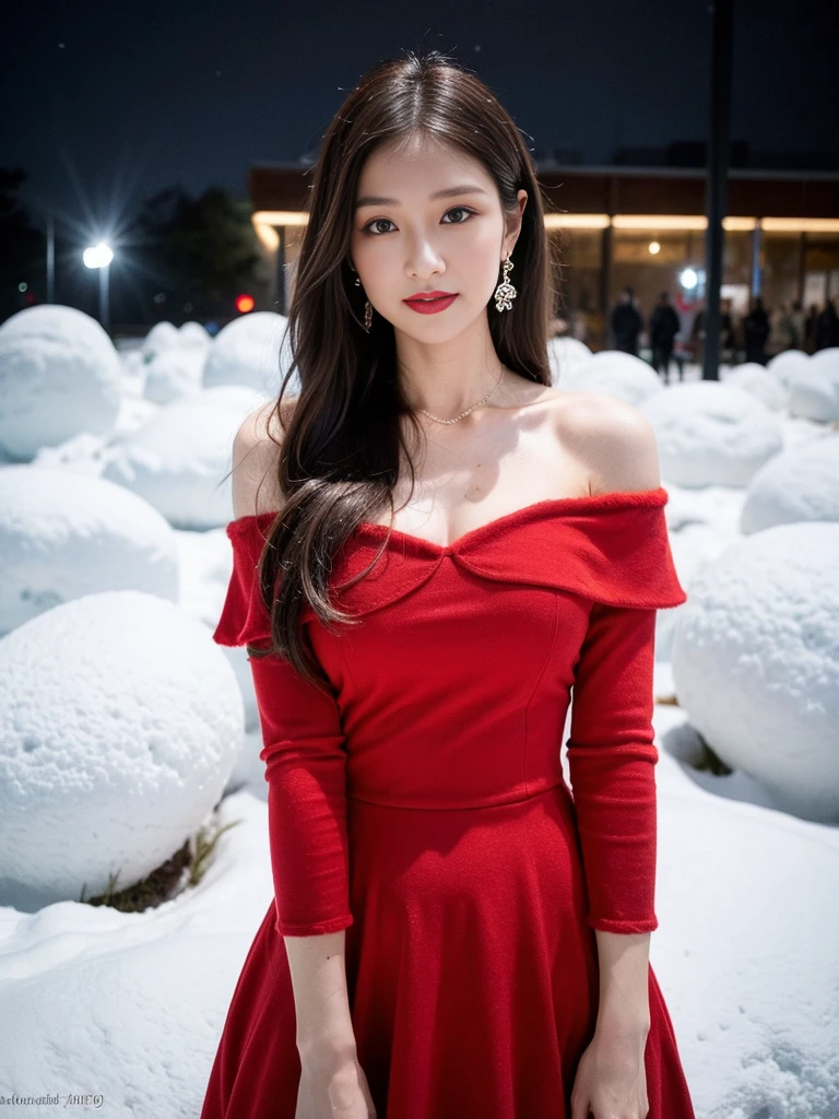 masterpiece、quality、Super detailed、Marilyn Tagg ，mirth，Look at the audience， Focus on the thighs and above，clear face，（Best quality at best）， beautiful girl：1.5、(Red fluffy off-shoulder dress style)，long hair fluttering，Snowflake earrings、snowflakes falling、Vague、snow world
