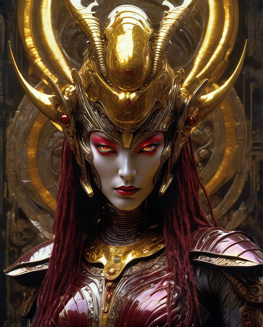 (((Full body portrait))), Futuristic alien woman goddess, Samurai-like mask, in polished chrome armor with glowing reptile-like eyes, gold and burgundy accents, unknown materials, realistic detailed digital painting, cinematic lighting, fantasy, character design by Craig Mullins and H. R. Giger, 4k resolution,futuristic alien...... (best quality,4k,8k,highres,masterpiece:1.2),ultra-detailed,(realistic,photorealistic,photo-realistic:1.37),alternative reality,telepathic,psychic powers,mind reading,third eye,mind bending,intense gazing,parallel universe,Yoshitaka Amano style,dreamlike,fantasy,vivid colors,soft lighting