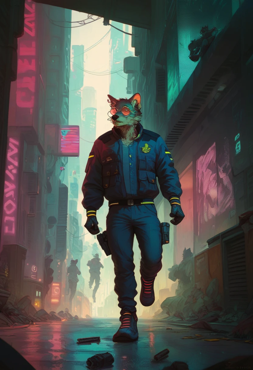 score_9, score_8_up, score_7_up, score_6_up, masterpiece, high quality, 1man, anthropomorphic black wolf, cyberpunk police officer, wearing (red round glasses), cyberpunk clothing, running in a cyberpunk city alley, city background, cyberpunk, ((detailed background, detailed clothes, detailed fur texture, intricate detail, highly detailed, fine details best quality, hyperdetailed face:1.2)), fullbody, in frame, metal sparks, bullet traces, gun shoting