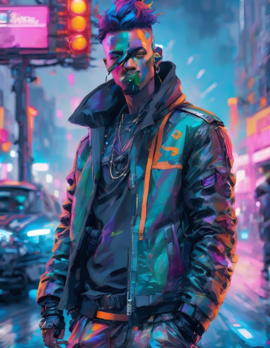 a detailed cypunk badass man , leaning against the wall pose on a futuristic street beside a traffic light , ((holding a smoke)) with a vibrant color , high clarification , refined quality , high definition , super fine detailed ,clear details in 32k resolution