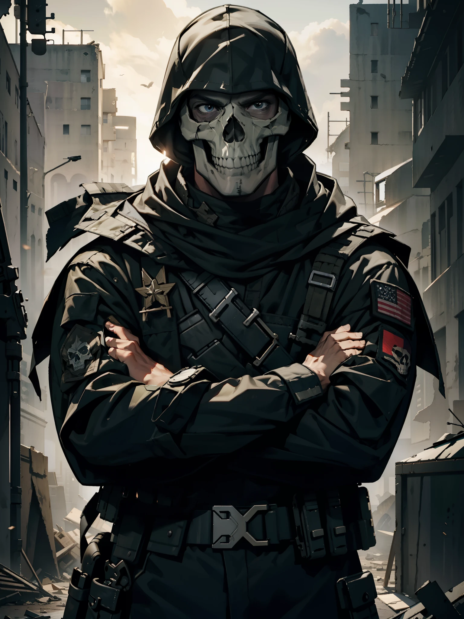 Close up, there's a man in combat outfit standing, military uniform, skull mask, tan skin, tattoos, mature, Sexybody, Muscular, veins, anthropomorphic, extra detailed body, detailed body, Best quality, masterpiece, ultra high res,detailed background,realistic, nature light, depth of field, (looking at viewer), (crossed arms), military, combat boots, armed, destroyed building, ghost by call of duty, skull mask.