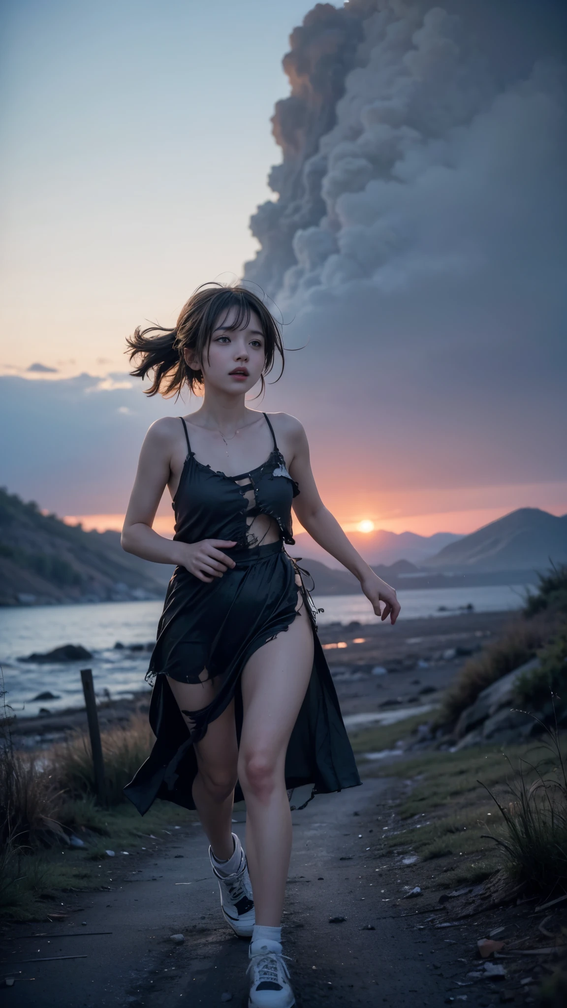 (((A landscape like the end of the world, A girl is desperately running away))), In a ripped and tattered dress, Dirty body, Blood on the dress, beautiful girl, Baby Face, Highest quality, 8k, masterpiece