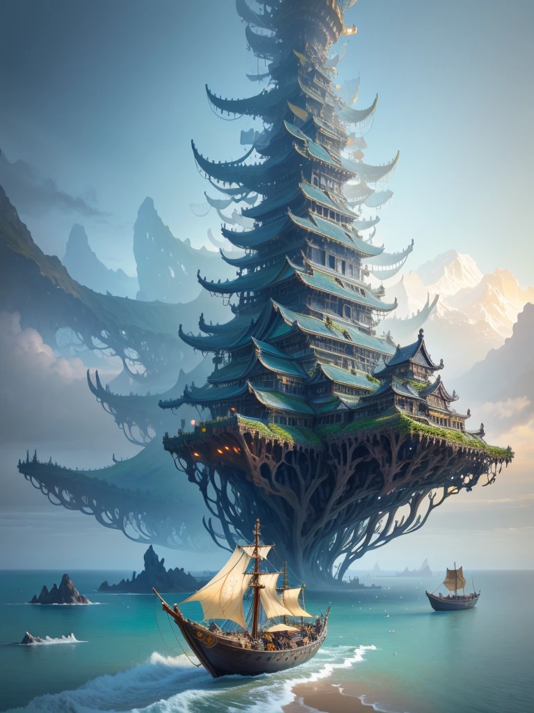 Hiring,high resolution, complex, (Detailed background), masterpiece, best quality, landscape, landscape, Ocean岸线, Ocean, Huge wooden boat, (fantasy:1.2)