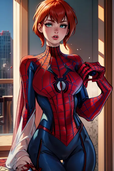 a mid shot of Mary Jane Watson (wearing a tight spider-man costume:1.4), (dressed as spider-man:1.4), (redhead, ginger, big gree...