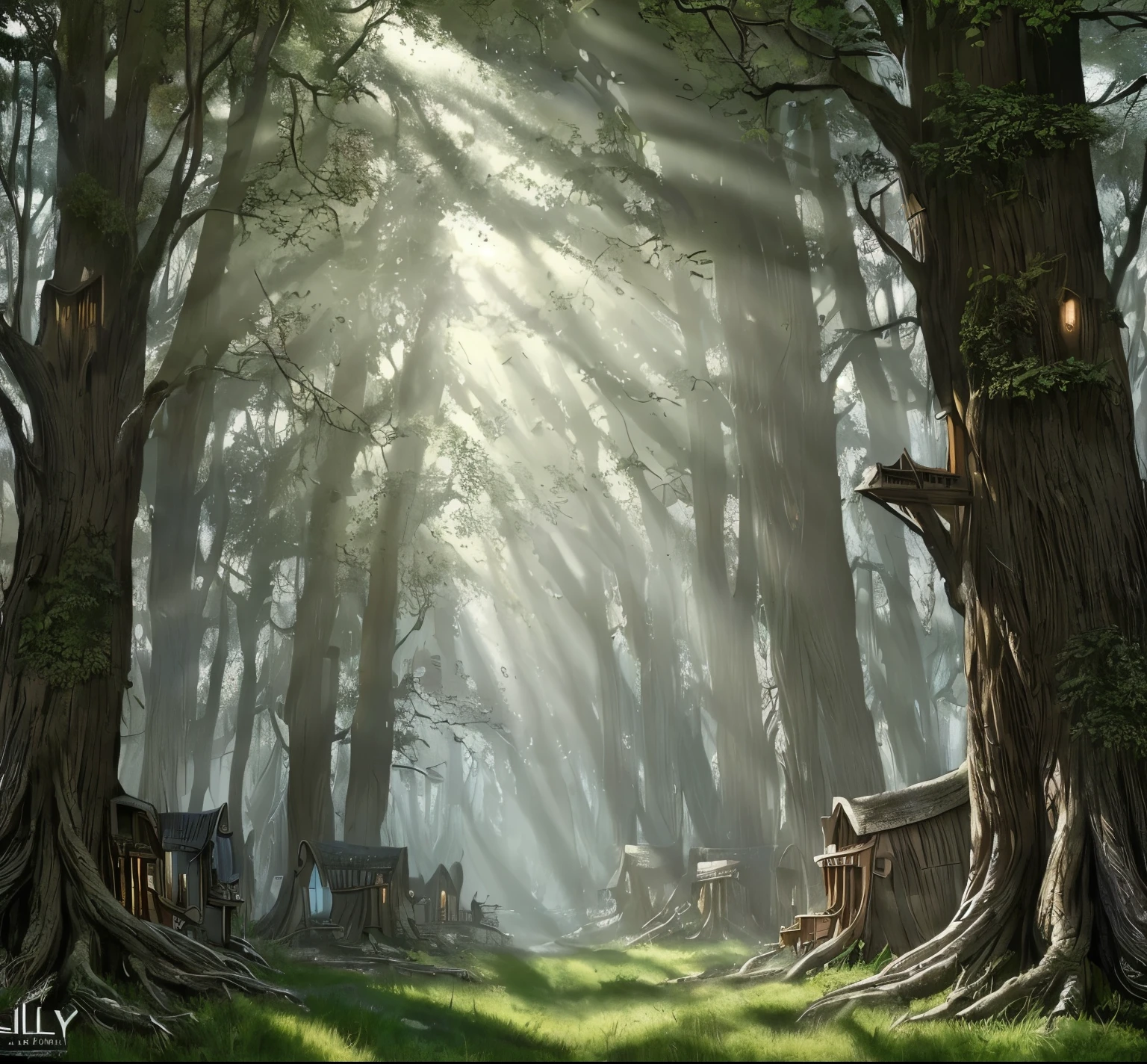 (masterpiece:1.2), (Highest quality,:1.2), 8k, High resolution, Super detailed, ((Realistic)), Professional Light, Cinema Lighting, Fashion Photography, Ambient Lighting, Atmospheric influence, Highly detailed fantasy Wood Elf settlement, Sunlight filtering through the trees, Godley, ((Perfect hands)), Style - Silver Magic, Epi C Photo