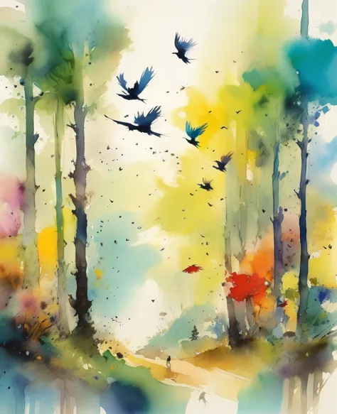 Quentin Blake style photo 、Forest trees々, Light, Wind and colorful birds、Portraiture、High resolution、Shake the sky、Highest quali...
