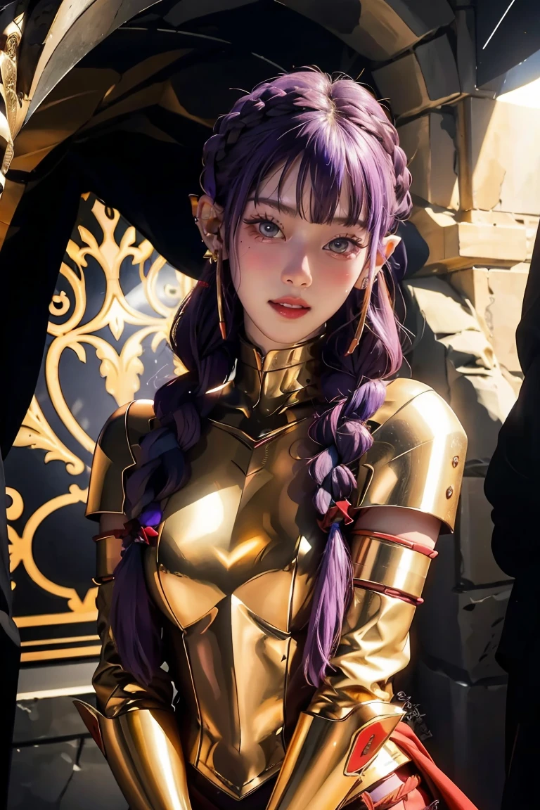 best quality, (masterpiece:1.2), detailed,
 esil radiru,
solo, light smile,
purple hair, long hair, braid, red eyes, pointy ears, facial mark, earrings,
red amor, gold trim, pauldrons,
standing, looking at the viewer,
cave, estilo hiperrealista, super detallado