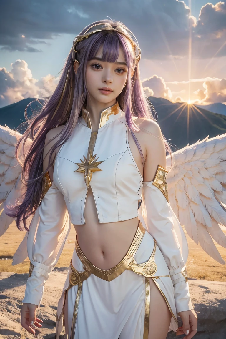 ((masterpiece, best quality, extremely detailed), volumetric lighting, ambient occlusion, colorful, glowing), 
1girl, solo, young girl, (purple hair), long hair, halo, aura, sacred, goddess, cleric suit, (white outfit with gold detailst:1.3), angel wings,
outdoors, sunset, sky, clouds, space, (fantasy theme:1.2),