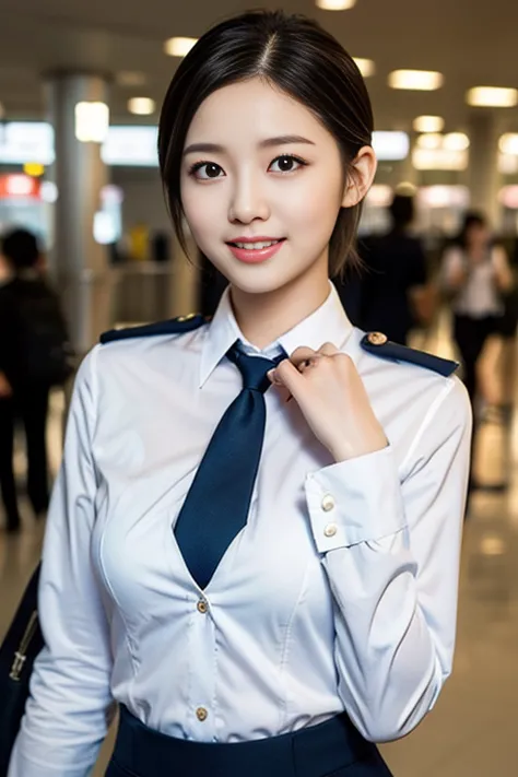 a gorgeous lady, age 21, flight attendant uniform, shenzhen airlines stewardess，natural pose in airport, dimpled smile, short po...