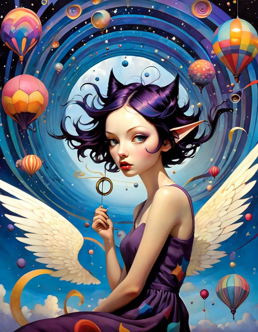 In a whimsical, colorful cartoon world, a kaleidoscope of flying objects swirls against surreal landscapes, inspired by the ethereal sounds of Midnight Tunes. Gentle mews and epic dreams converge as vibrant colors and exaggerated shapes come alive. A fantastical realm unfolds, reminiscent of Etam Cru's distinctive art style. Against a backdrop of swirling clouds and starry skies, photorealistic concept art by Rebeca Saray and Brad Kunkle captures the magic of this world in motion. (art inspired in Bill Sienkiewicz). oil painting) 