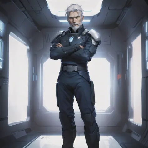 "an older man named marcus steele with white hair and beard, wearing a blue spaceship commander uniform in the style of the crew...