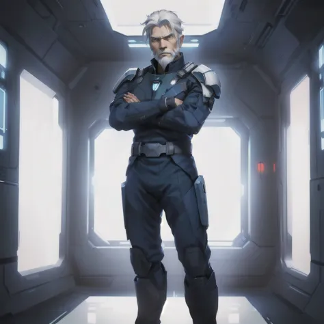 "an older man named marcus steele with white hair and beard, wearing a blue spaceship commander uniform in the style of the crew...