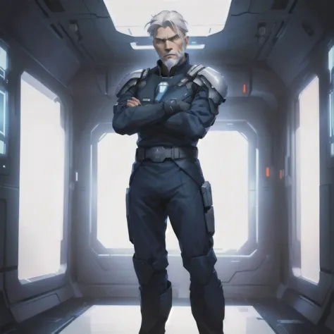 "an older man named marcus steele with white hair and beard, wearing a blue spaceship commander uniform in the style of the crew...