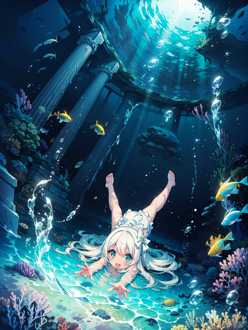 masterpiece, best quality, absurd, 1 Girl, :), Under the Deep Sea, (White marble Greek temple under water), Girl floating in water, White_hair, dark_skin, fish, Tyndall Light, seabed, seabed, Underwater, submerged water, Deep diving