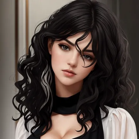 modern,black wavy hair,black eye, lovely behaviour,busty