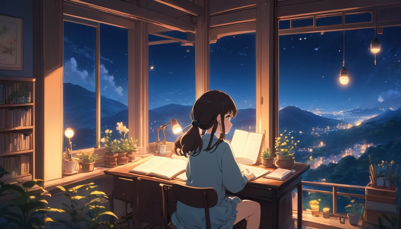 estilo ghibli, Una niña estudiando sola en un escritorio.,Belleza， Vista nocturna desde la habitación., Una mirada de ensueño fuera de la ventana., Linda chica en estilo anime, Relájate en tu habitación, Una habitación llena de luz cálida