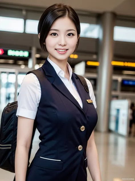 a gorgeous lady, age 21, flight attendant uniform, shenzhen airlines stewardess，natural pose in airport, dimpled smile, short po...