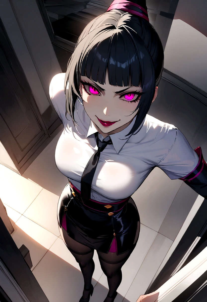 juri han, work of art, tight white secretary shirt with black tie, black high waist skirt, short skirt,stocking, black hair, black tights,evil smile,office,franja nos olhos,lighting,chifre de cabelos,view from above,olhando para cima
