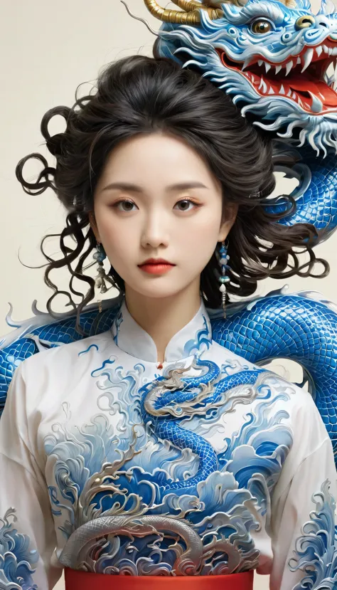 {{{{{illustration}}}}},author：yuko shimizu,1 girl,chinese dragon,chinese girl,female focus on, {{color ink painting}},{{ink spla...