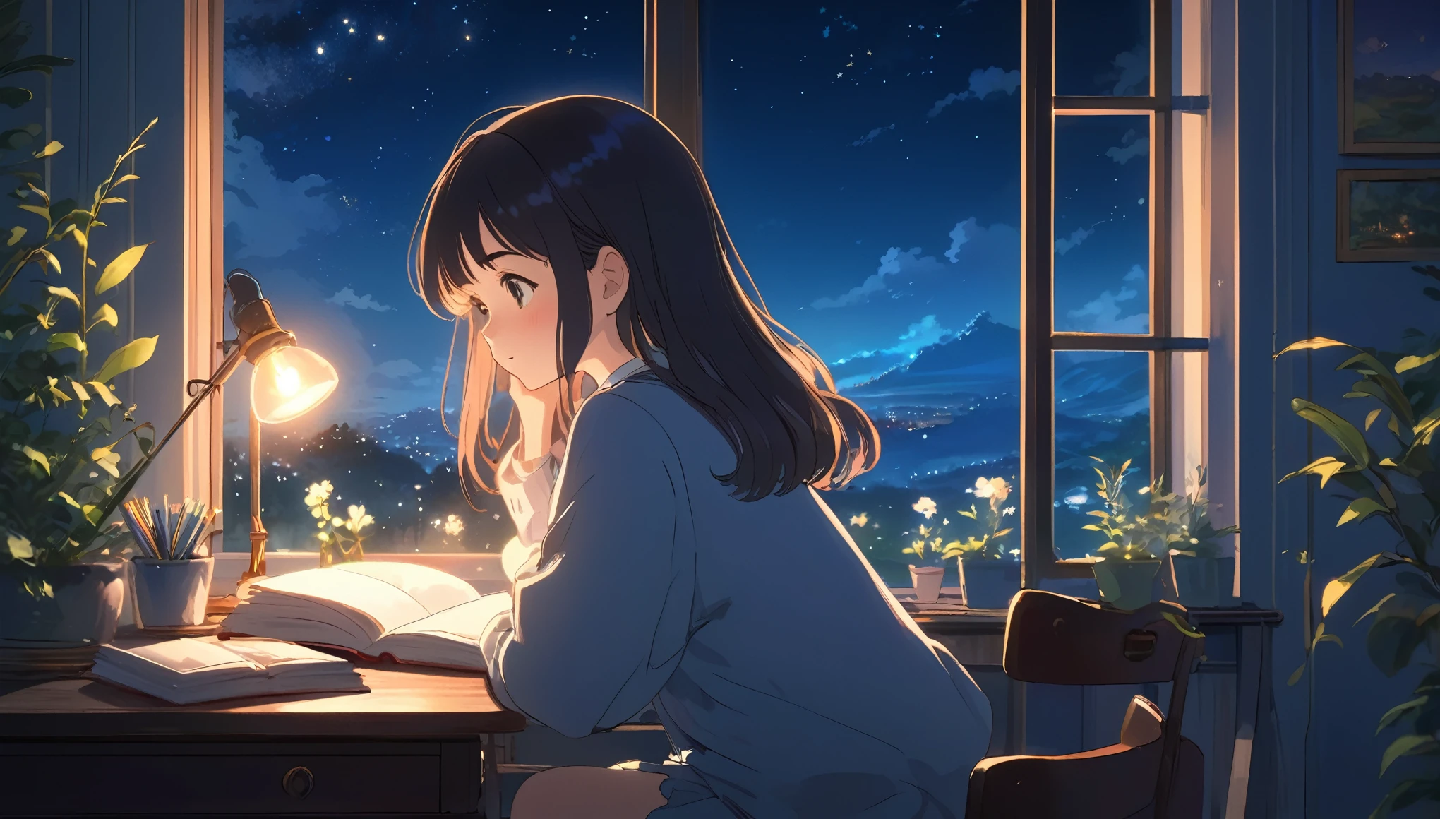 ジブリ風, 机に向かって一人で勉強する女の子,美しさ， 部屋からの夜景, 窓の外の夢のような景色, アニメ風のかわいい女の子, お部屋でリラックス, 暖かな光が溢れるお部屋