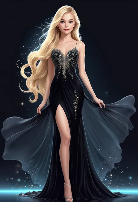   Vector graphic design of cute pretty girl with long blonde hair and perfect anatomy. Her exquisite, gorgeous and charming blac...