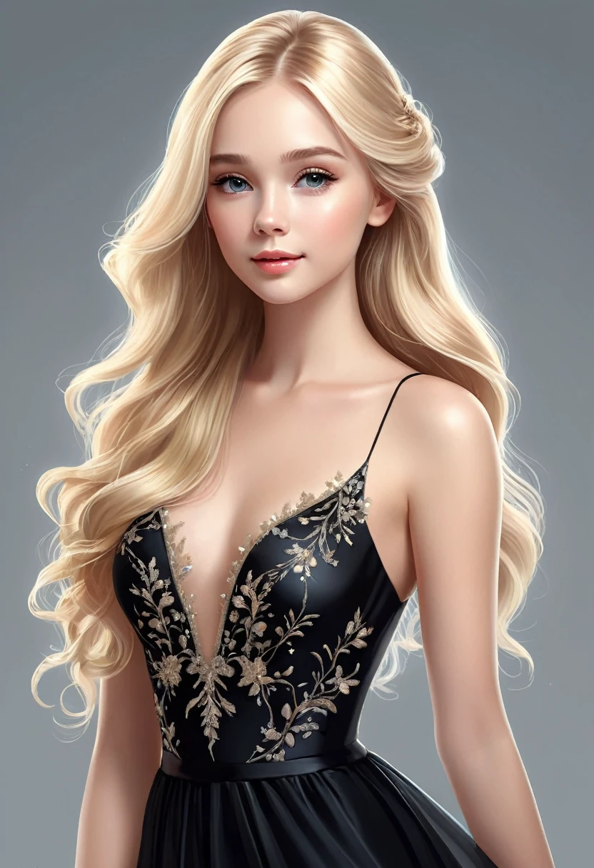   Vector graphic design of cute pretty girl with long blonde hair and perfect anatomy. Her exquisite, gorgeous and charming black evening dress, Ethereal and dreamy.,mitigate,High resolution details,best quality,

           Master of ultra-detailed animation art and visual effects&#39;s works art station, Conceptual artwork anatomy correct detailed sharp focus illustration, artwork