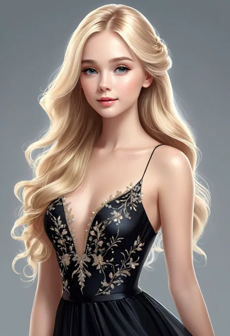   Vector graphic design of cute pretty girl with long blonde hair and perfect anatomy. Her exquisite, gorgeous and charming blac...