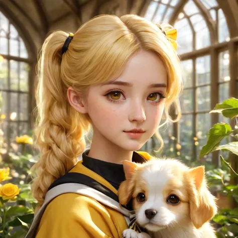 Best quality, masterpiece, Hogwarts student, Hufflepuff, short hair, high twin tails. Short golden blonde twintail hair, serious...