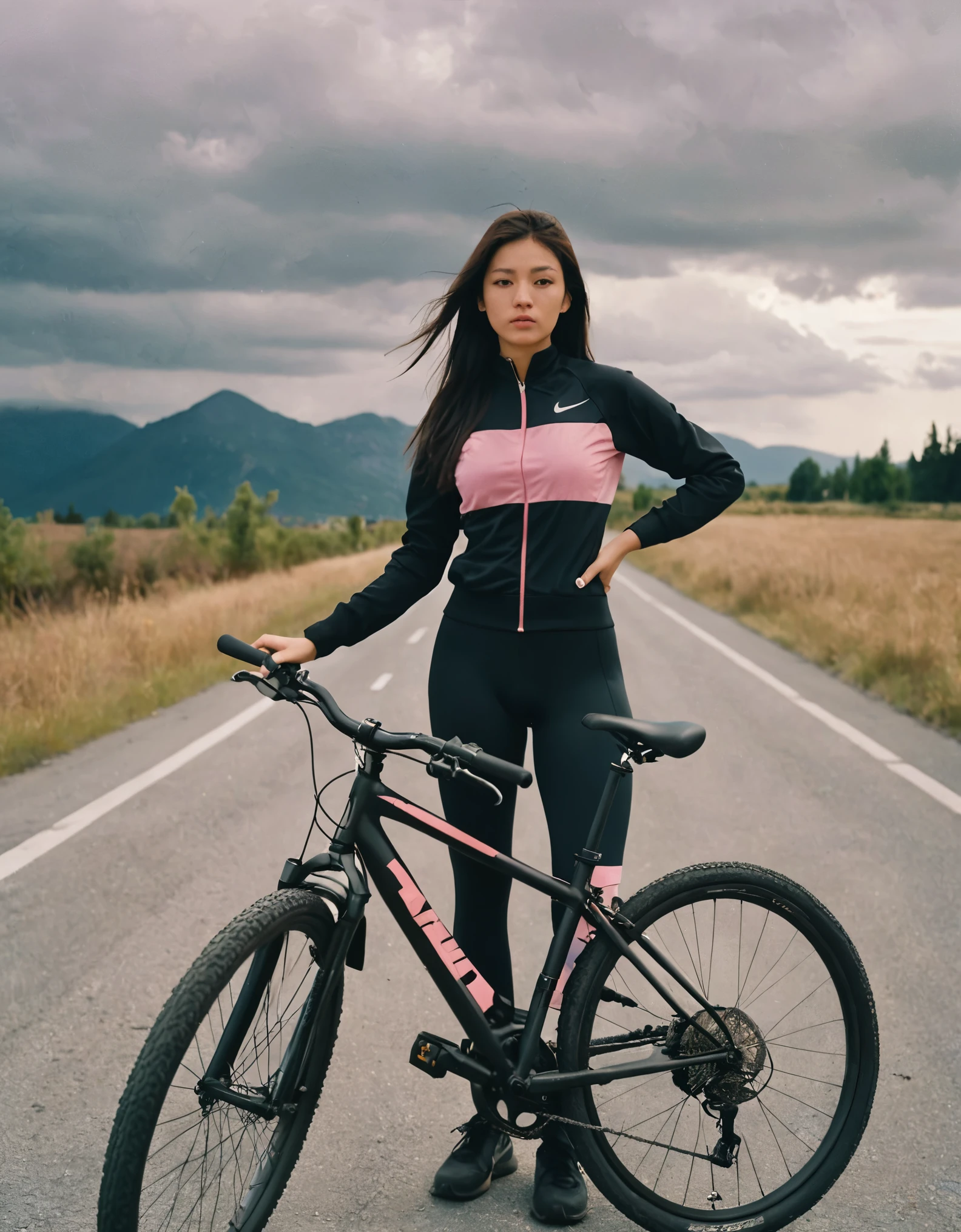 A woman standing next to a bike on a road with mountains in the background  - SeaArt AI