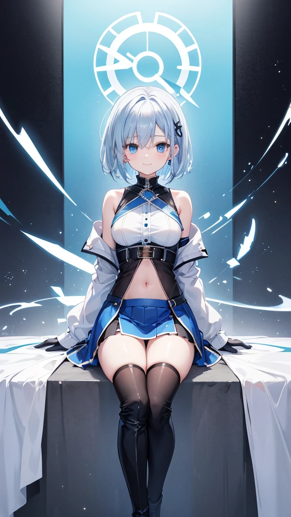 beautiful, masterpiece, Highest quality, anime, One girl, C Cup,Portrait Shot, View your viewers, Covered、Short Hair、nearby、Blue Eyes、art、、White hair,Blue streaked hair、wallpaper、hairpin、Cute smile、Thighs、navel、Black and White_Open race queen、Blue-black_Gloves、Blue-black_Knee-high boots、、Cute、Blue-black_Short skirt、circuit、blue sky、Blue-black_mini skirt、Blue-black_Very short skirt