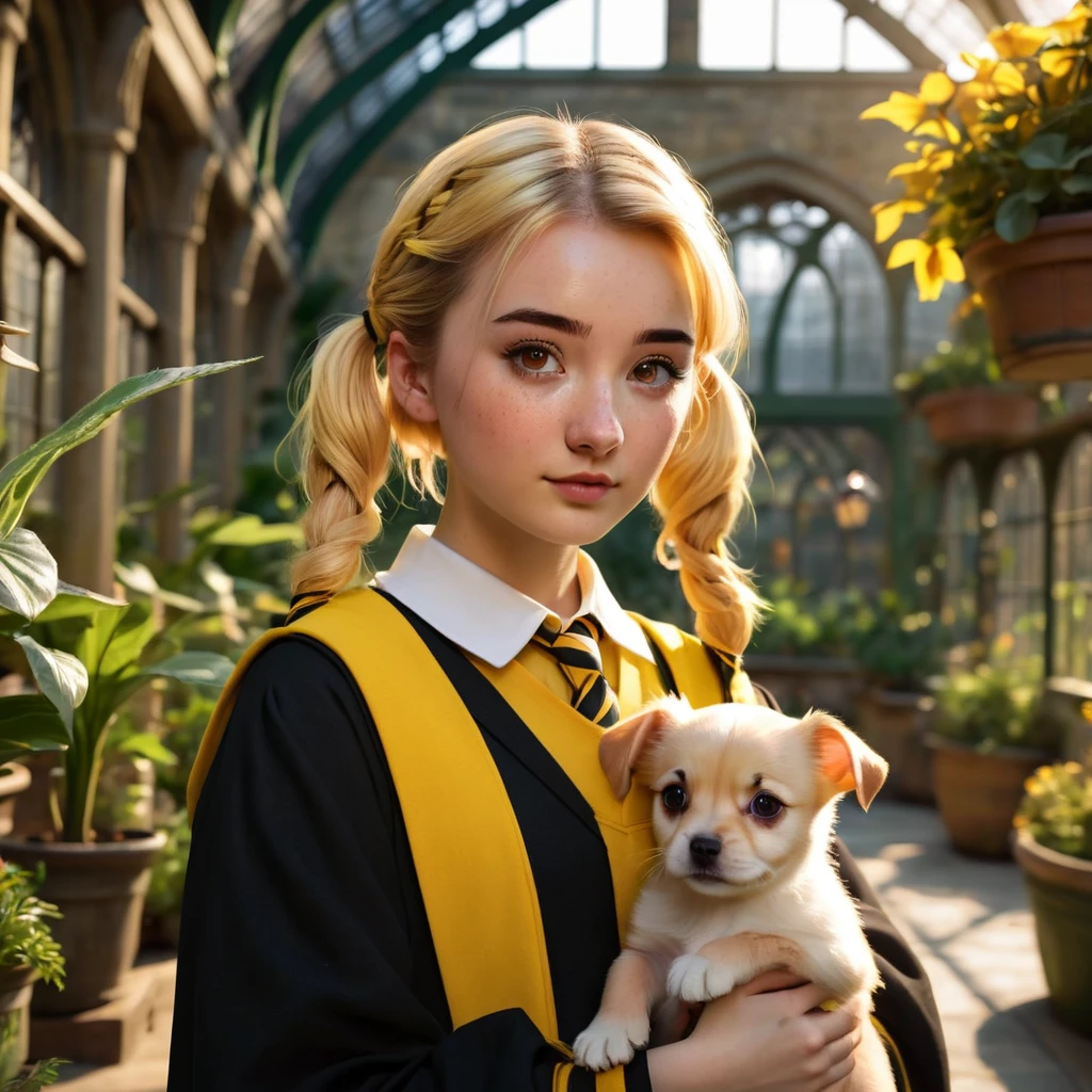 mejor calidad, obra maestra, Estudiante de Hogwarts, Hufflepuff, cabello corto, colas gemelas altas. Pelo corto rubio dorado en dos colas, serious, muy travieso, lindo y brillante, con pecas en la cara junto con su lindo cachorro con detalle. ojos marrones un rostro delicado, Piel hermosa, el fondo está en el invernadero de Hogwarts, suave, luz misteriosa, suave shadows. Texturas detalladas, iluminación dinámica