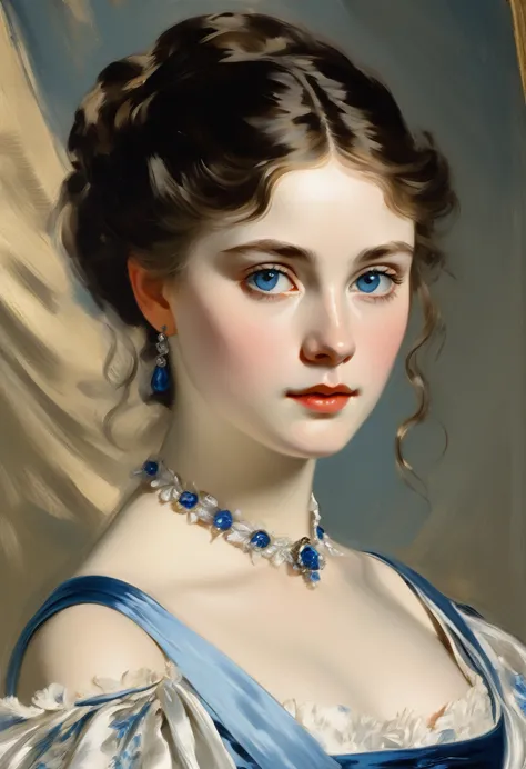 ((an attractive girl with an beautyful eyes)) , blue-white satin  evening dress, on  19 century, 
((edouard manet style)),((pain...