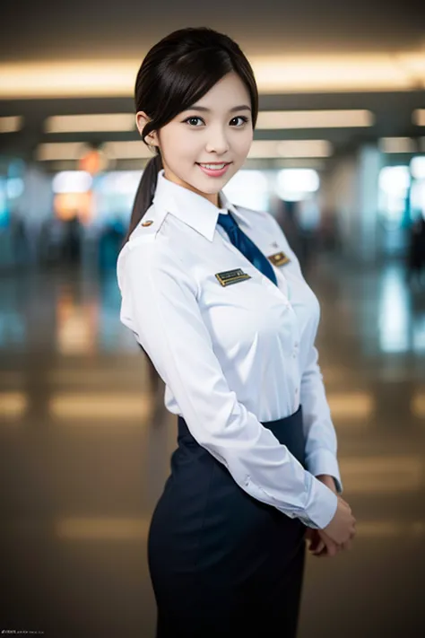 a gorgeous lady, age 21, flight attendant uniform, shenzhen airlines stewardess，natural pose in empty airport, dimpled smile, sh...