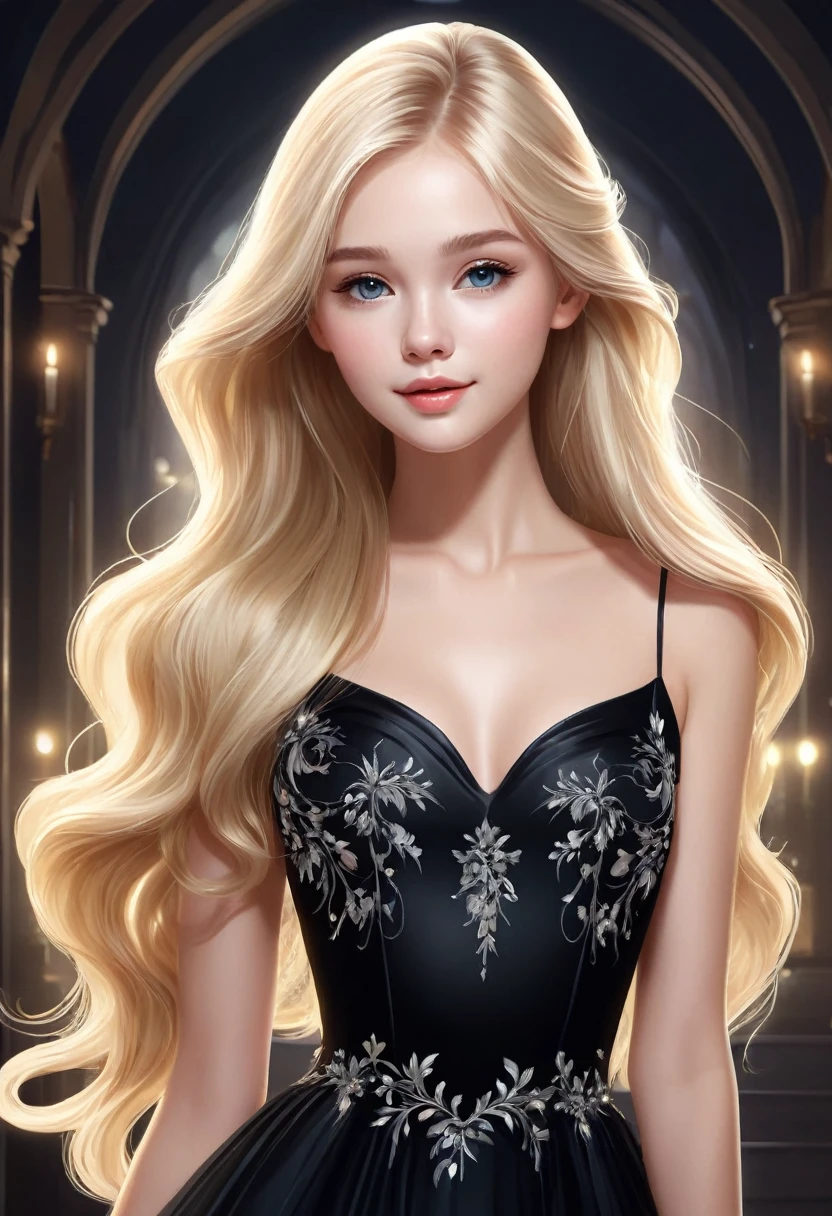   Vector graphic design of cute pretty girl with long blonde hair and perfect anatomy. Her exquisite, gorgeous and charming black evening dress, Ethereal and dreamy.,mitigate,High resolution details,best quality,

           Master of ultra-detailed animation art and visual effects&#39;s works art station, Conceptual artwork anatomy correct detailed sharp focus illustration, artwork