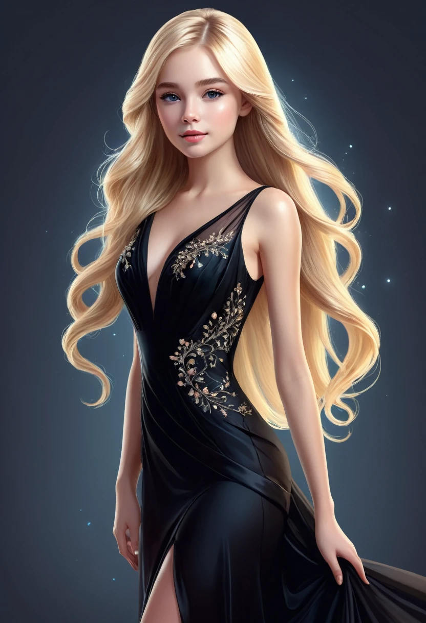   Vector graphic design of cute pretty girl with long blonde hair and perfect anatomy. Her exquisite, gorgeous and charming black evening dress, Ethereal and dreamy.,mitigate,High resolution details,best quality,

           Master of ultra-detailed animation art and visual effects&#39;s works art station, Conceptual artwork anatomy correct detailed sharp focus illustration, artwork