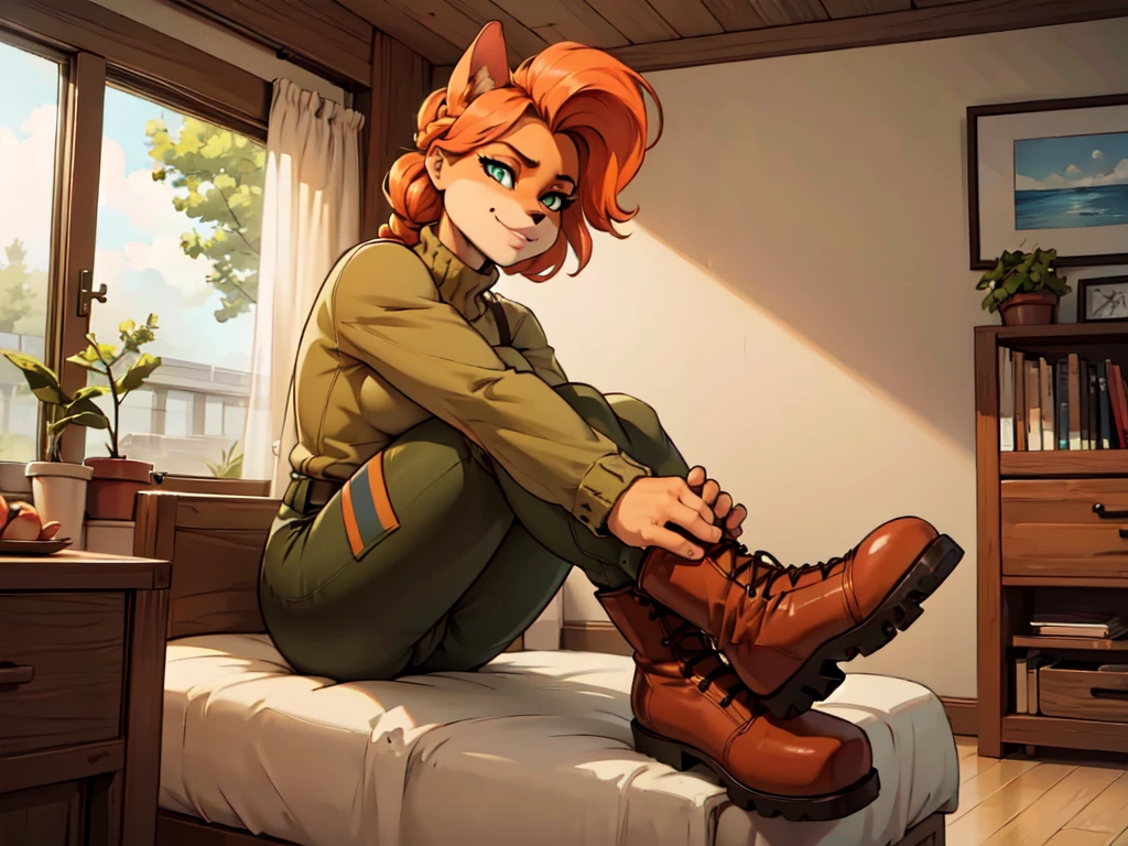 (best quality,4k,8k,highres,masterpiece:1.2),ultra-detailed,realistic:1.37,portrait,anthro bandicoot girl redhead, braided hair, beautiful green eyes, relaxing moment, sexy ,seductive, warm sweater, camouflage pants, army boots, smirking, cozy lighting, vibrant colors , girl anthro , sweater, camouflage pants, army boots, hands to boots