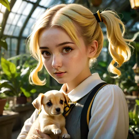 best quality, masterpiece, hogwarts student, hufflepuff, short hair, high twin tails. short golden blonde twintail hair, serious...