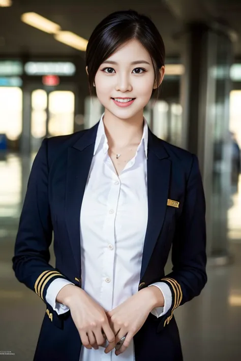 a gorgeous lady, age 21, flight attendant uniform, shenzhen airlines stewardess，natural pose in empty airport, dimpled smile, sh...