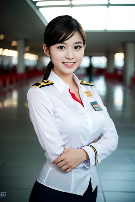 a gorgeous lady, age 21, flight attendant uniform, shenzhen airlines stewardess，natural pose in empty abandoned airport, dimpled...