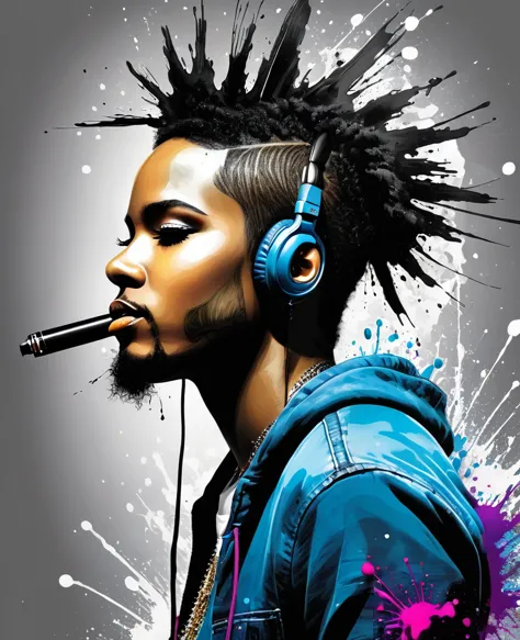 ink splashes,，in the style of patrice murciano , character, ink art, side view，in hip hop fashion design style ,