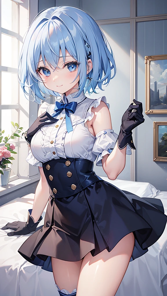 beautiful, masterpiece, Highest quality, anime, One girl, C Cup,Portrait Shot, View your viewers, Covered、Short Hair、nearby、Blue Eyes、art、、White hair,Blue streaked hair、wallpaper、hairpin、Cute smile、Thighs、Blue-black_Gloves、Blue-black_Knee-high boots、Cute、Blue-black_Very short skirt