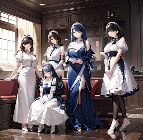 Five women in maid outfits surround a man，charming depiction，Lively and dynamic