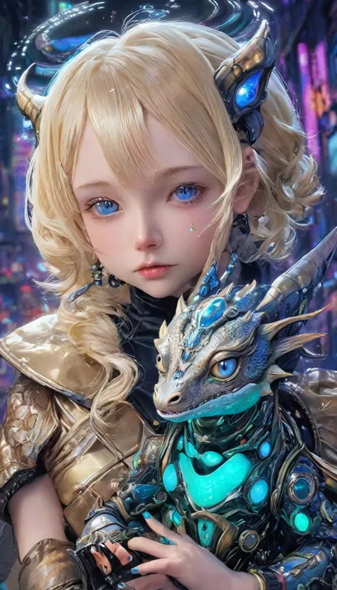Cute young blonde headed cyberpunk girl holding her multicolored baby dragon, fantasy, exquisite detail, 30 - catch light, low -...