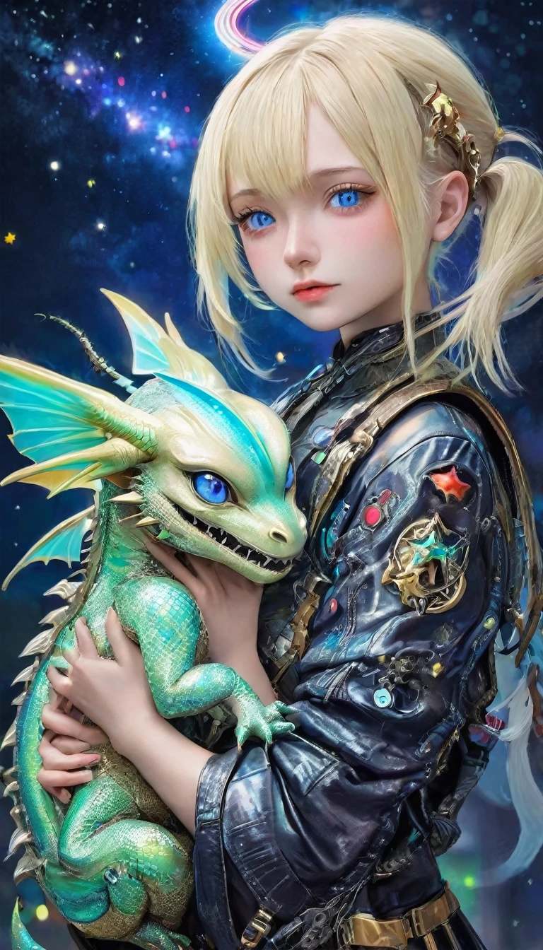 Cute young blonde headed cyberpunk girl holding her multicolored baby dragon, fantasy, exquisite detail, 30 - catch light, low - contrast, high - sharpness, depth - of - field, - hour, ultra - detailed photography, shiny stars in the sky, (masterpiece), best quality, expressive eyes, perfect face, 