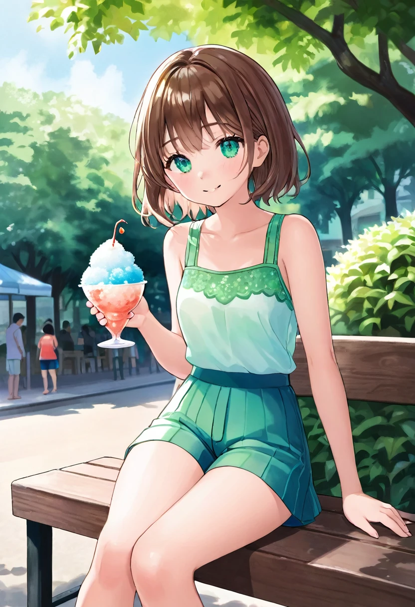 A young girl sits on a wooden bench under the shade of a leafy tree, savoring a bowl of brightly colored shaved ice. Her short, chestnut brown hair frames her face in soft, wispy layers, glinting in the dappled sunlight filtering through the branches above. Her emerald green eyes sparkle with delight, reflecting the vibrant colors of the icy treat.

The girl’s delicate, slender frame is relaxed, and her posture exudes a sense of contentment. She holds the bowl of shaved ice with one hand while the other delicately scoops up a spoonful of the icy confection. Her lips curl into a blissful smile as she enjoys the refreshing sweetness, her cheeks slightly flushed from the heat.

She is dressed in a light summer outfit – a sleeveless top and a pair of shorts – perfect for the warm weather. The fabric is airy and comfortable, allowing her to stay cool despite the high temperatures. The scene is set in a park, with the background featuring lush green trees and a clear, bright blue sky. The sun is high, casting a warm glow over everything, and creating a sharp contrast with the coolness of the shaved ice.

The colors in the scene are vivid and bright, capturing the intensity of a hot summer day. The girl's expression and body language convey pure happiness and relief from the heat, making the observer almost taste the cool sweetness of the shaved ice themselves. The overall atmosphere is one of joy and refreshment, perfectly encapsulating the simple pleasures of a summer day.