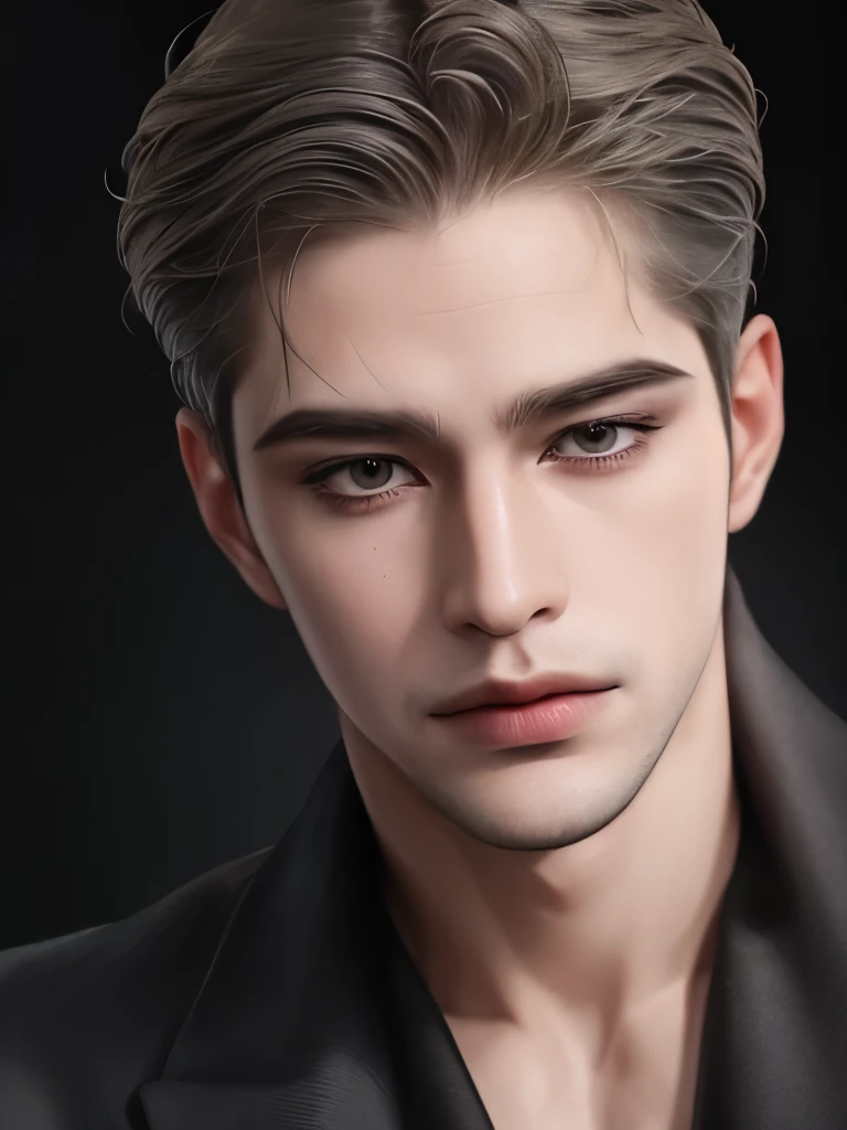 (masterpiece,best quality, ultra_detailed, highres, absurdres), 1 caucasian man in 30s, attractively handsome, clean face, masculine, sharp gaze, stoic face, sharp eyes, male focus, solo, gray hair, short groomed-hair, black suit, looking at viewer, parted lips, collared shirt, teacher vibe, dark background, monocle (looking away:1.2)