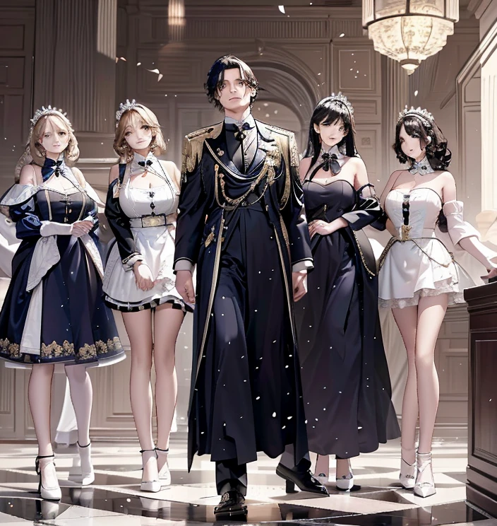 Five women in maid outfits surround a man，charming depiction，Lively and dynamic