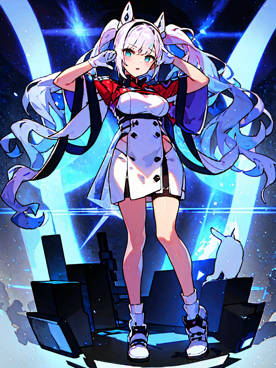 An anime character wearing white and blue clothes and accompanied by a black cat, Azur Lane Style, Live2D Virtual Youtuber Model, from Arknights, From the Azur Lane video game, Azur Lane Characters, Girls Frontline Style, From Girls Frontline, White Cyan, Moon themed costume, White cat lady, Arknights, Ayaka Genshin Impact, Girls Frontline Universe, whole body, 1 person, Cat ears headband