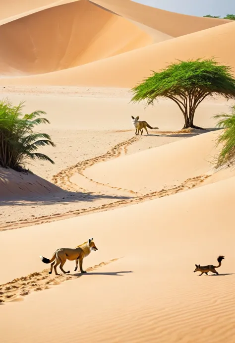 An array of wild beasts: a desert lion and a fennec fox on the sandy side, and a tropical bird and a small, wild boar on the jun...